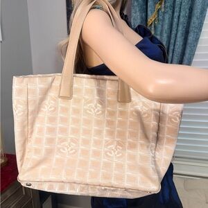CHANEL Beige Jacquard Tote Bag with Logo Motif